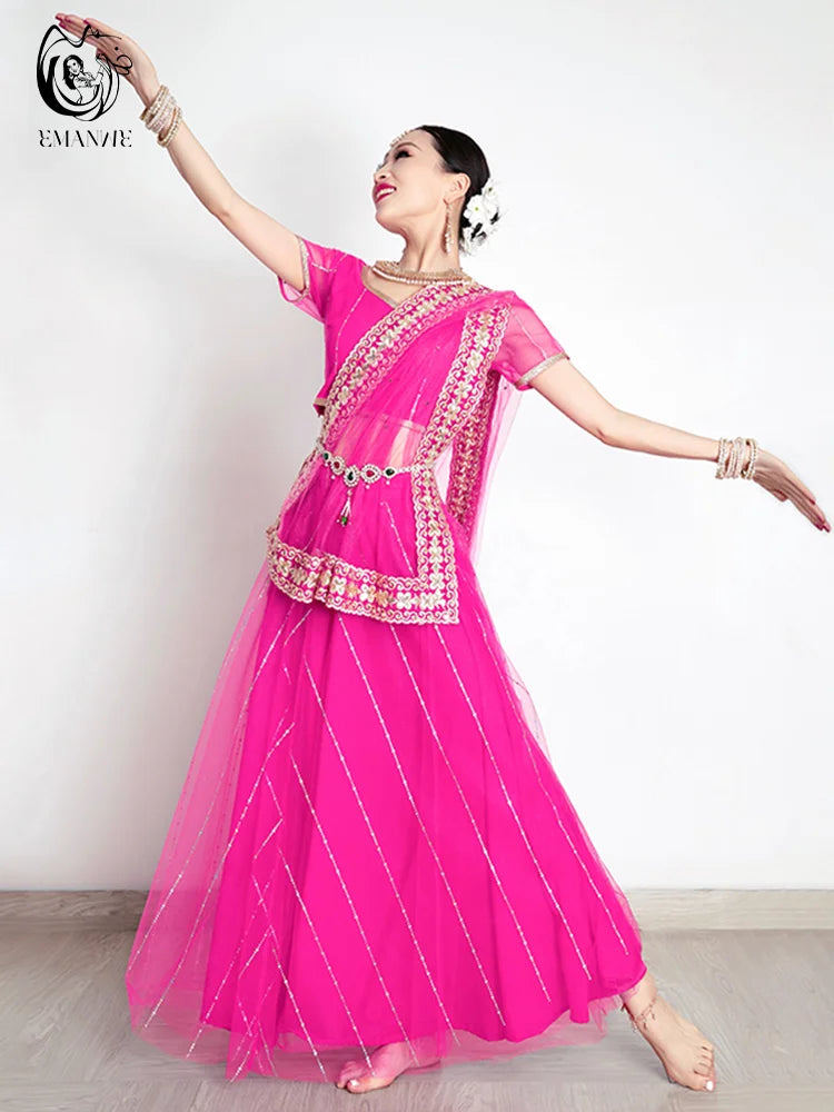 Exotic Indian Dance Costume Ethnic Style Women's Bollywood Belly Dance Dress Sari Top Large Swing Skirt  Set