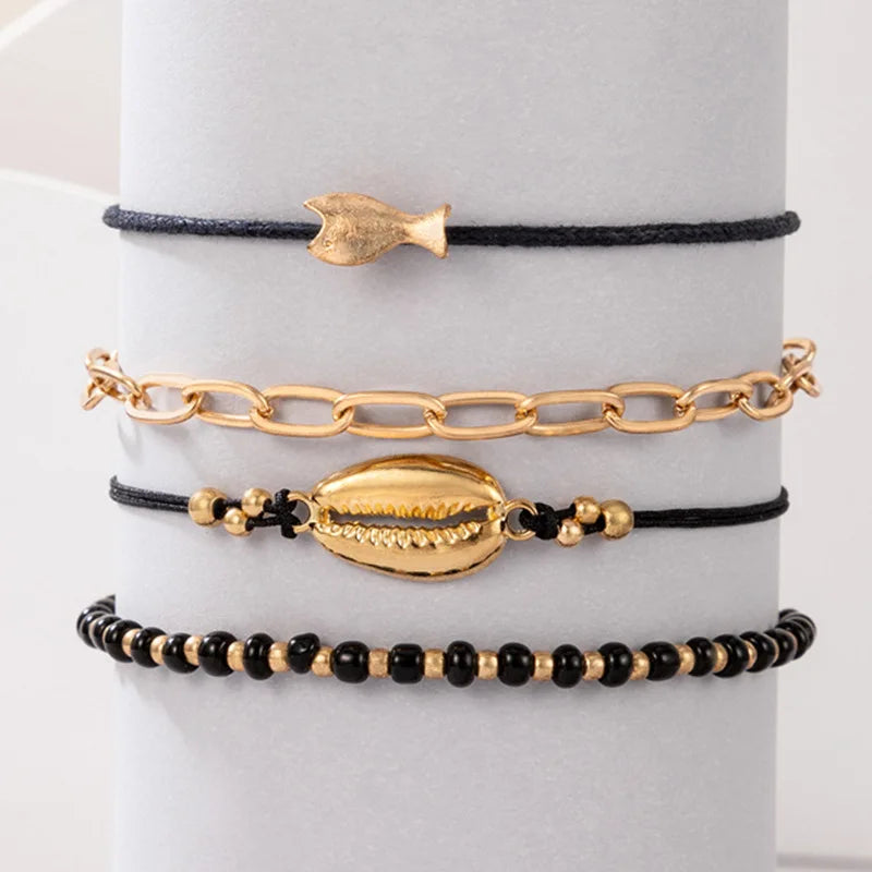 Cherub Fashion Black Multi-layer Heart Leaf Lotus Anklet Beaded Chain bracelet