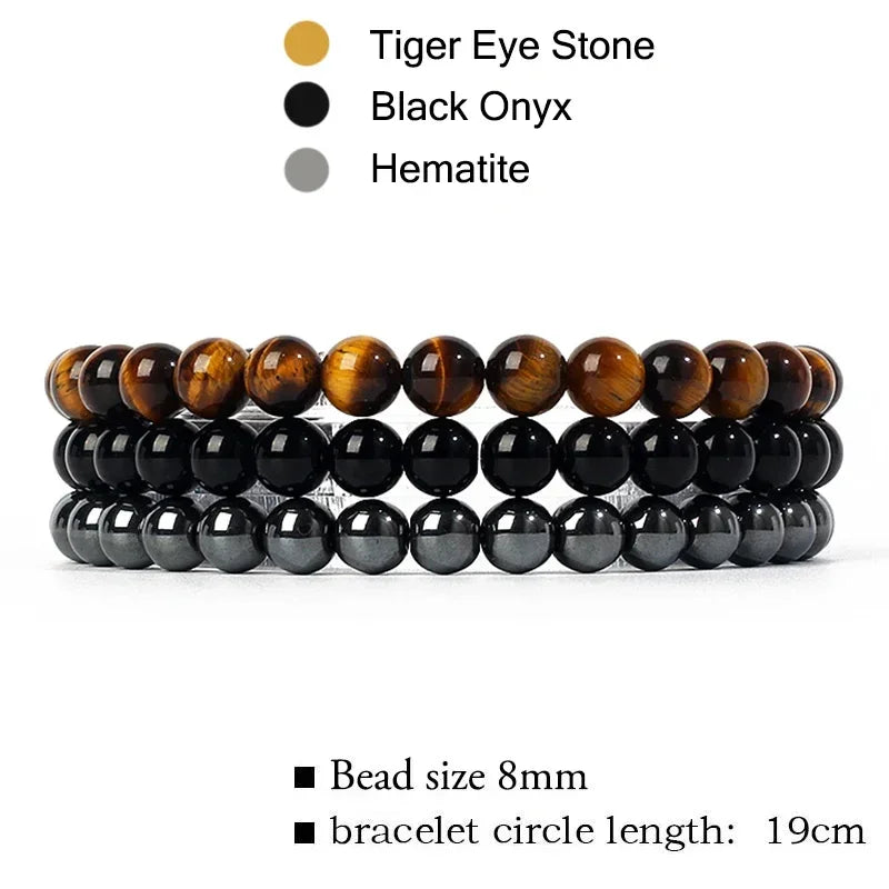 kirykle Natural Stone Bracelet Sets 3Pcs/set Obsidian Hematite Tiger Eye Beads Bracelets Men for Health Protection Soul Jewelry