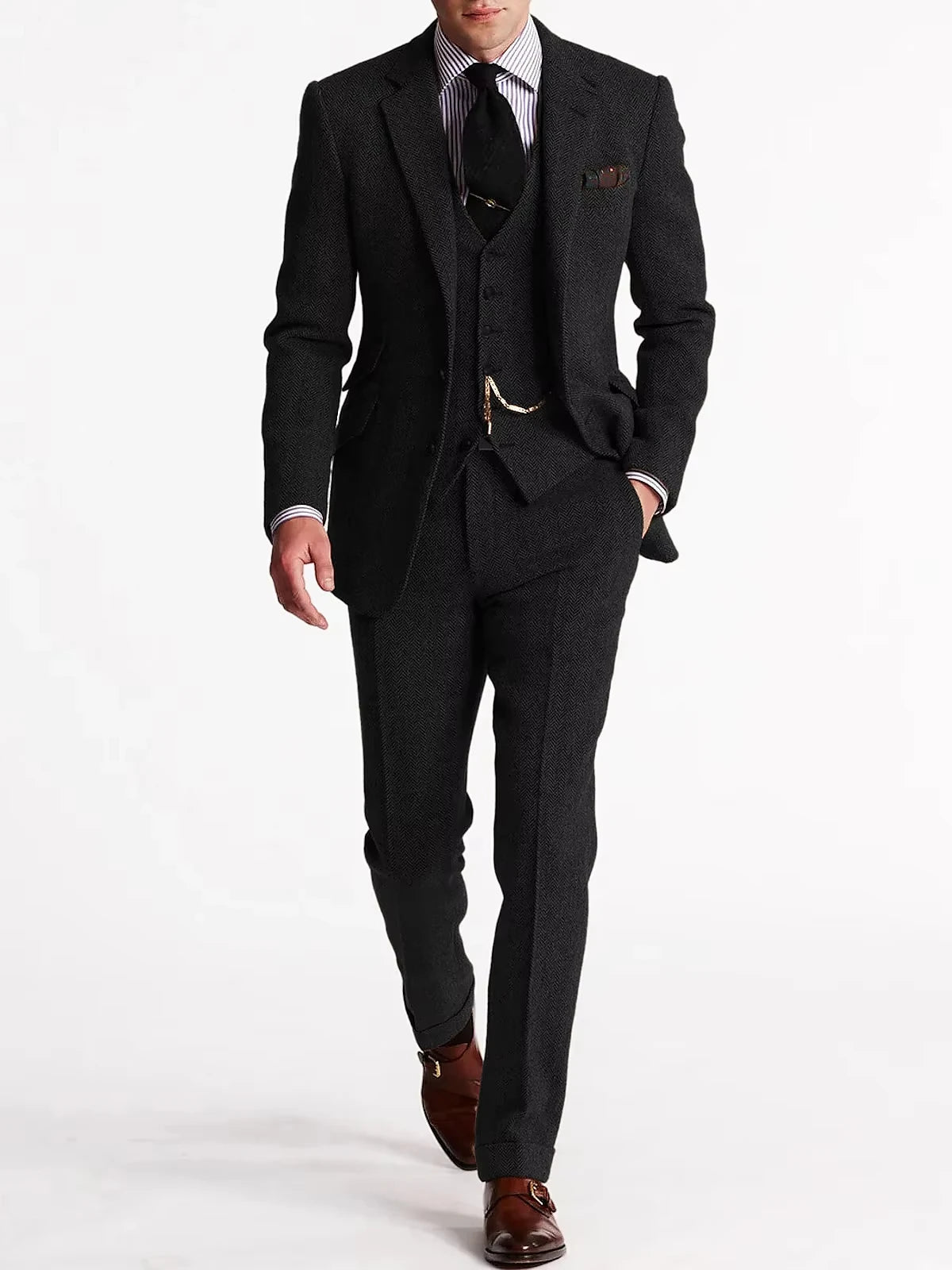  Herringbone Tweed Suits for Men 3 Piece Set Double-Breasted Slim Fit Tuxedo Size Man Suit Set Custom Made Men Fashion Suits
