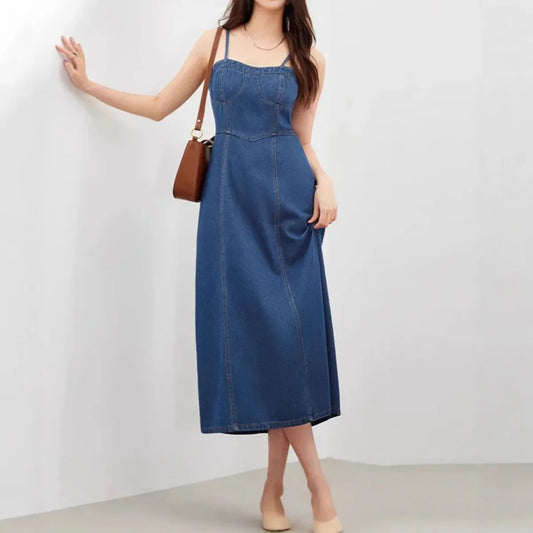 Women's Sleeveless Denim Dress Mid-Calf Length  A-Line Jean Dress with Spaghetti Straps for Summer Casual Vintage Y2K Clothes