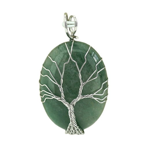 Cherub Silver Tree of life Wire Wrap Green Aventurine Pendant Necklace 18" Cord Spiritual