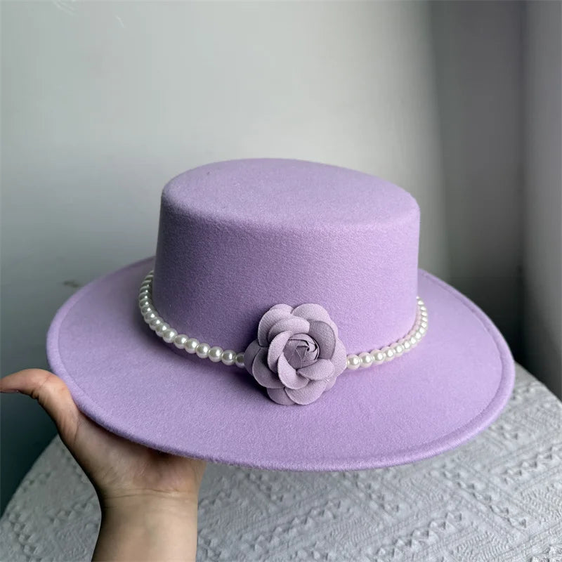 Cherub French Big Brim organza /Church Hat Women Elegant Flat-top Fedora Hat.
