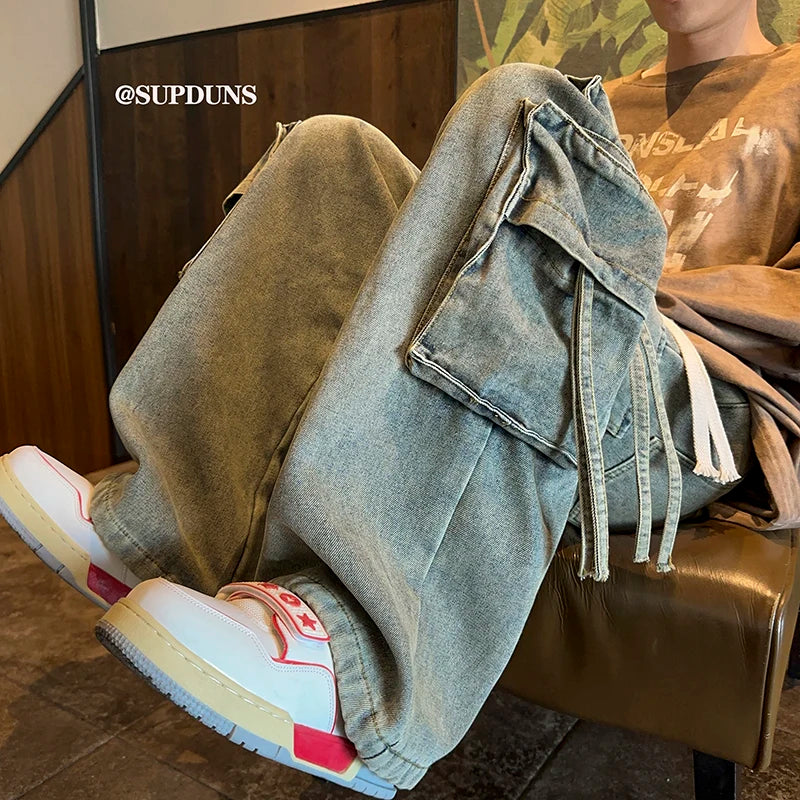 Men's Jeans Hip-hop Fashion Wide-leg Denim Pants Retro Baggy Trousers High Urban Multi-pocket Jeans Male Streetwear