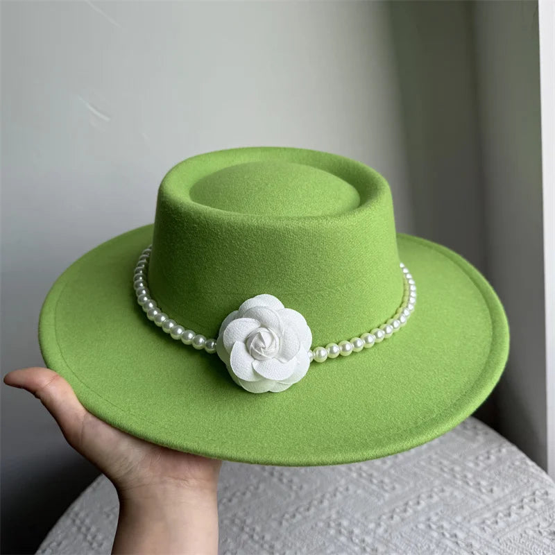 Cherub French Big Brim organza /Church Hat Women Elegant Flat-top Fedora Hat.