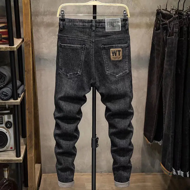 Elastic Slim Fit Men's Jeans High Waist Cotton Stretch Denim Autumn Winter Casual Long Pants Youth Fashion Trend