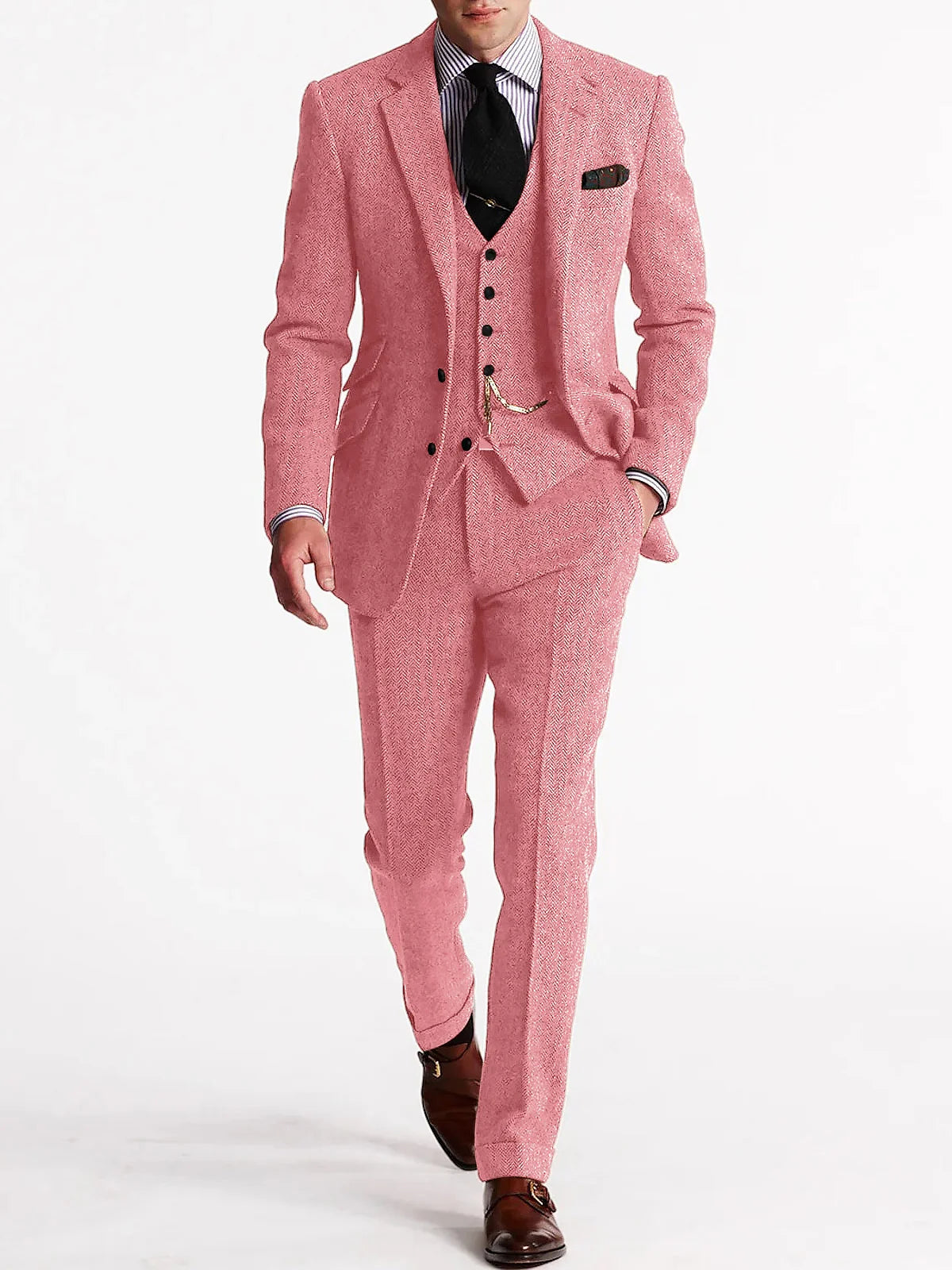 ANNIEBRITNEY Herringbone Tweed Suits for Men Slim Fit Tuxedo Man Suit Set Trajes De Hombre Anzug Herren Custom Made Men Suits
