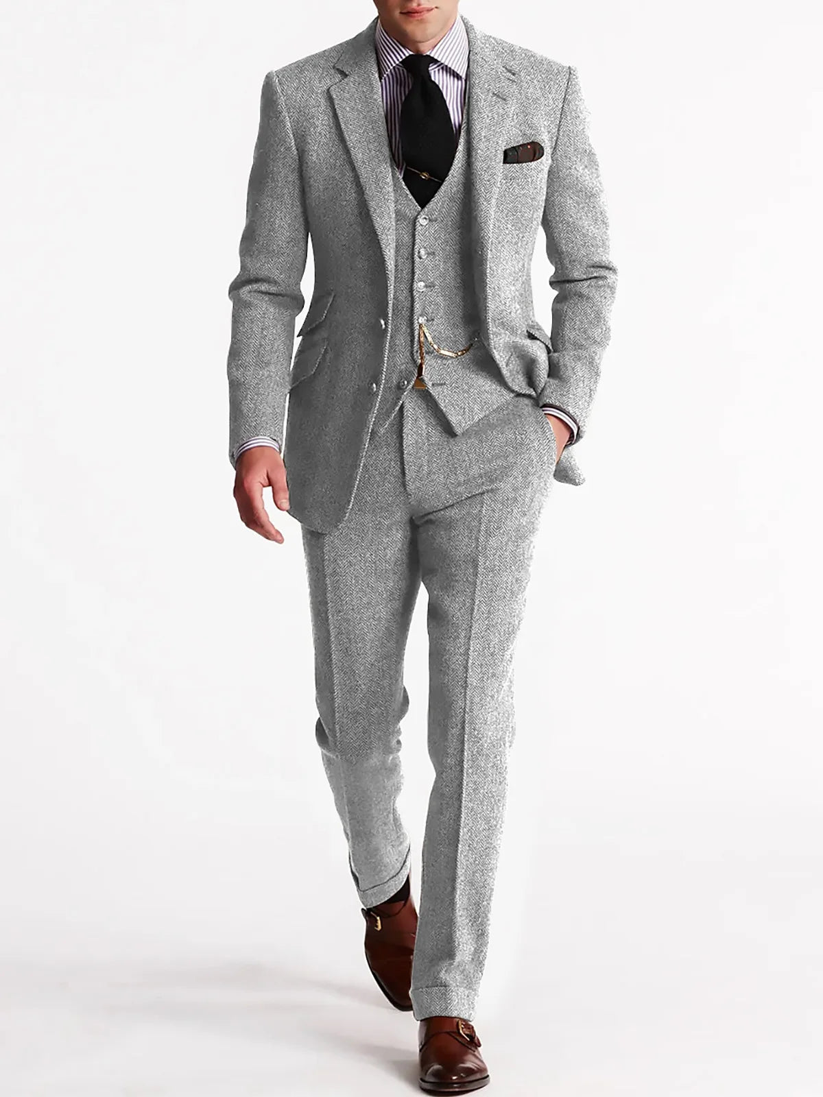 ANNIEBRITNEY Herringbone Tweed Suits for Men Slim Fit Tuxedo Man Suit Set Trajes De Hombre Anzug Herren Custom Made Men Suits