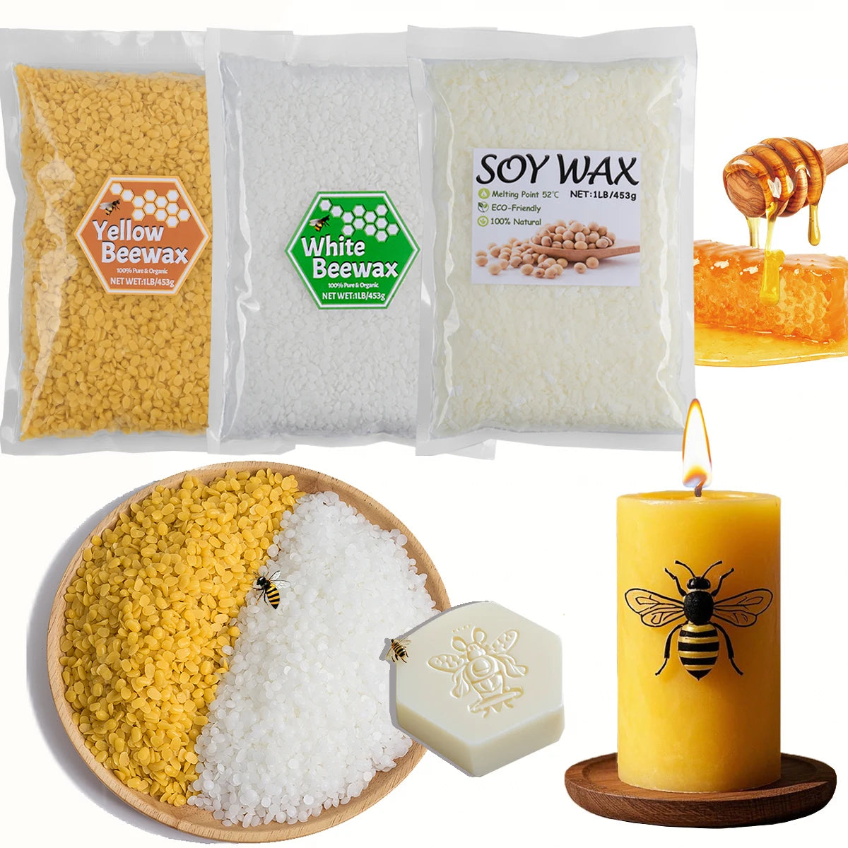 1LB Natural Yellow Beeswax White Beeswax DIY Handmade Soy Wax Candle Making Supplies Wax Raw Material Odorless Particles BeesWax