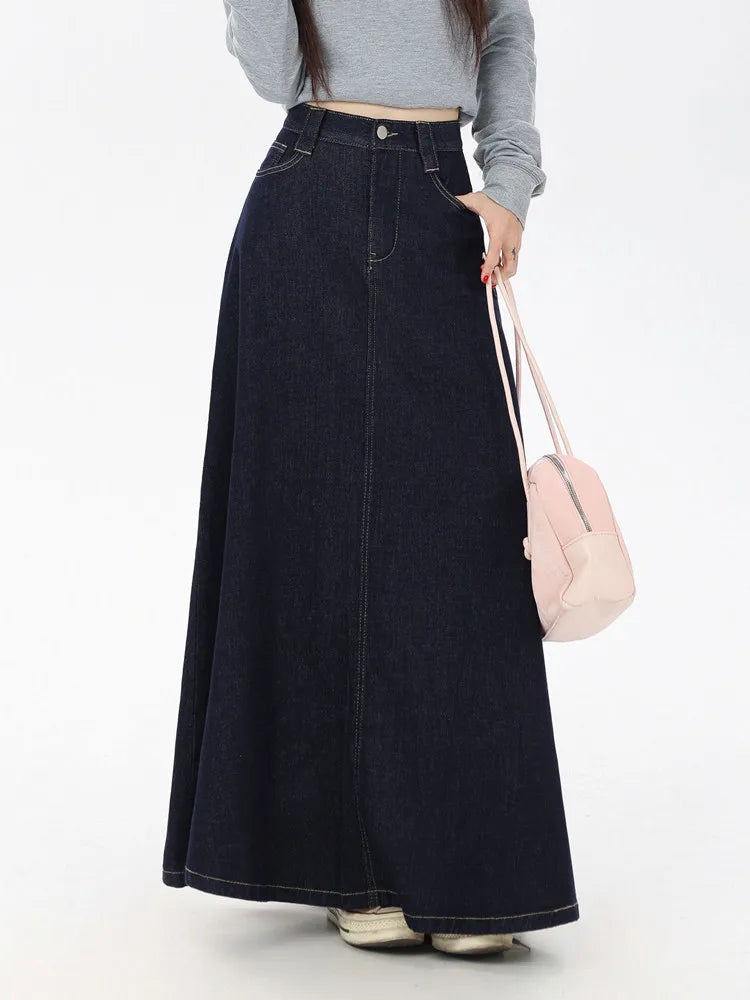 Women's Vintage A-Line Denim Long Skirts, Casual High Waist Jean Skirt, Blue, All-Match, Korean Fashion, 2021