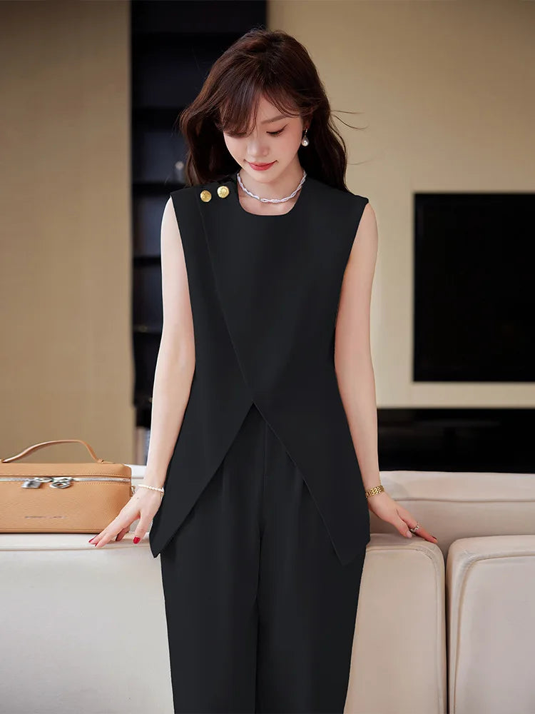 Cherub Summer Loose O-Neck Top Wide Leg Pants Two Piece New Elegant Pullover Pants .Cotton Linen Suit