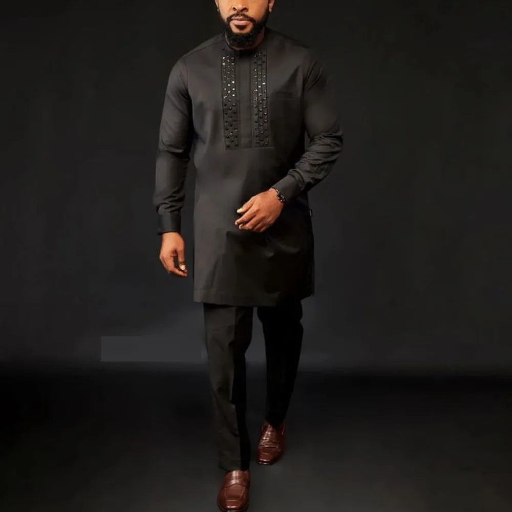 African Traditional Men Suit Printed Shirt Top Elastic Waist Pants White Wedding 2 Piece Set Outfits Ethnic Style Costumes