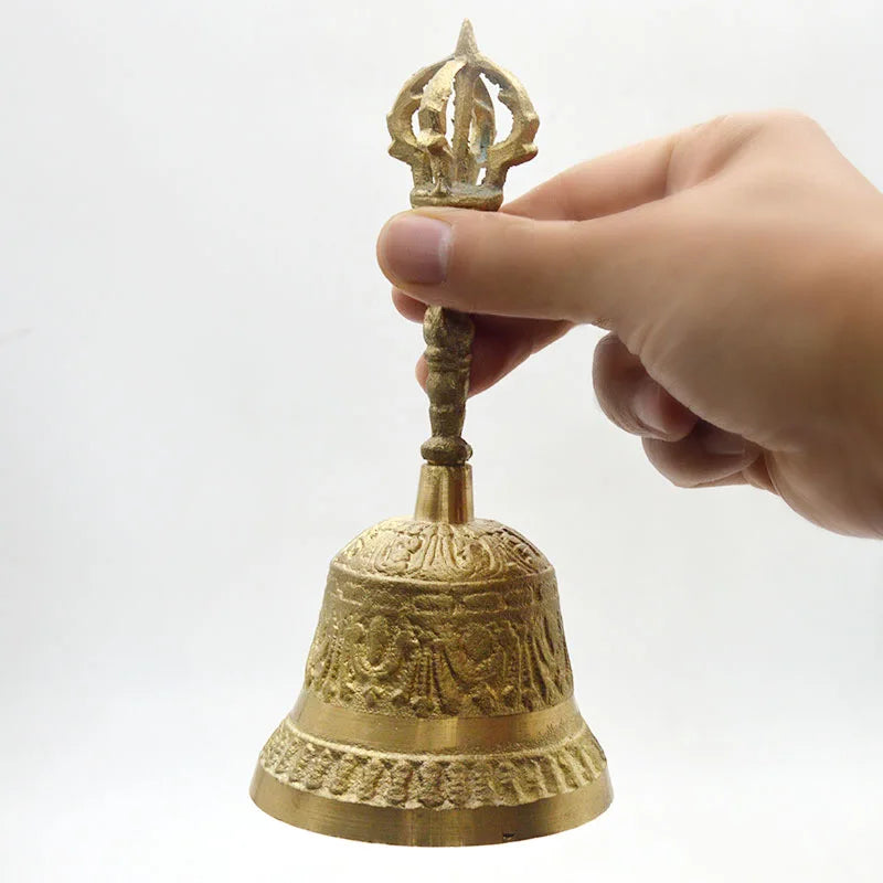 100% Brass Color Copper Handicraft Large Engraved Hand Bell Produces Loud and Clear Sound School Meditation Church Bronze Bell Creative Gift