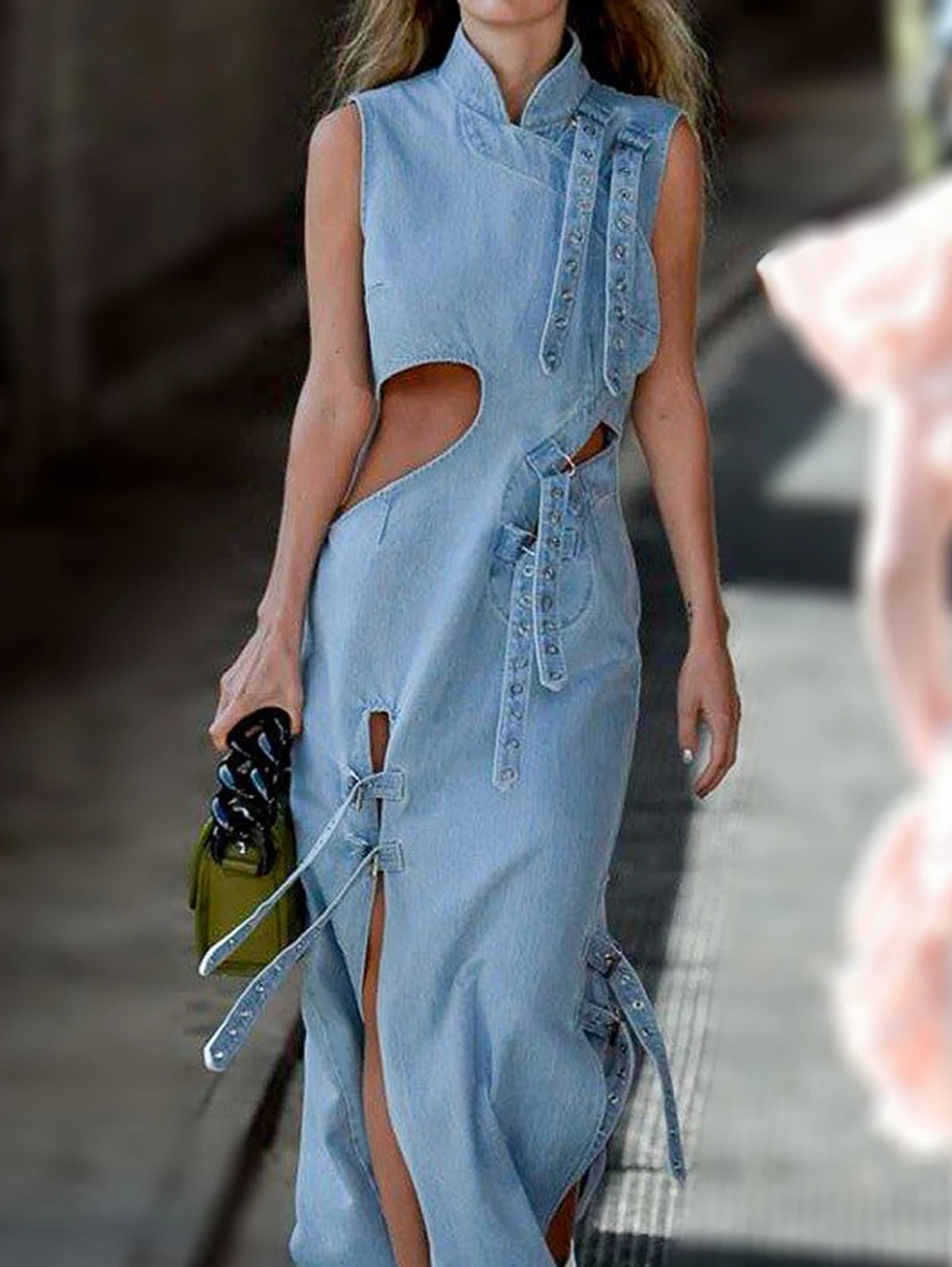 Cherub Women long Denim Dress/ Denim Cut Out.