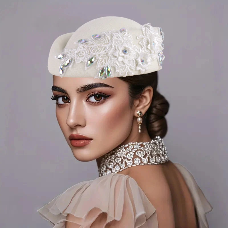 Cherub Vintage Women's Church Sundays Best Fascinator Hat W/Flower and Rhinestone Headdress Soft Beret Cap /Party Wedding Prom