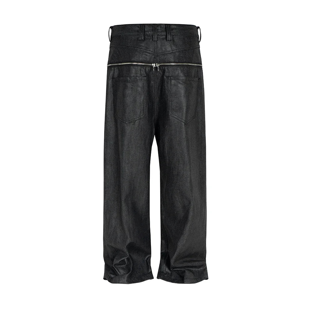 Vitnage Hip Hop Zipper Wax Coated Original Jeans for Men Straight Ropa Hombre Black Denim Trousers Streetwear Baggy Pants