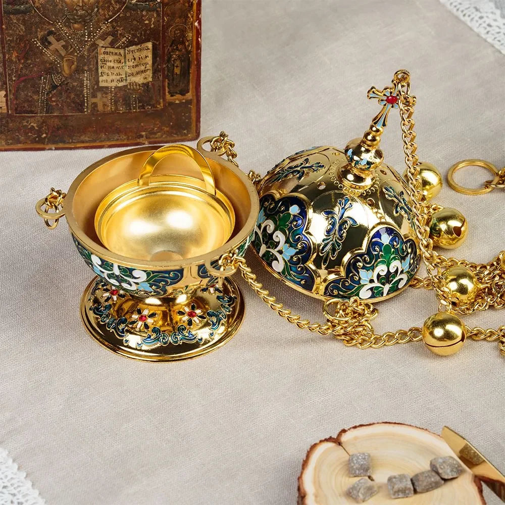 Spiritual Church Censer Gold Plated Hanging Incense Burner with Cross for Church Religious Ritual Orthodox smudge Results