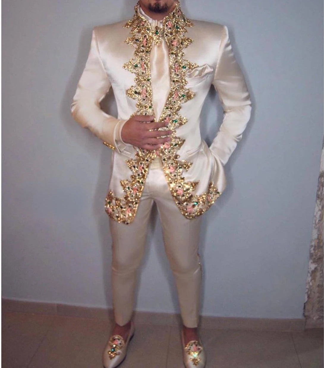 Men Suit 4K Two Piece (Jacket+Pants+Belt) Italian Stand Collar Slim Fit Wedding Suit for Men Custom Made /Embroidery Print Suit