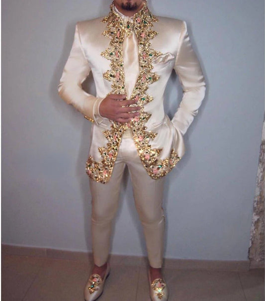 Men Suit 4K Two Piece (Jacket+Pants+Belt) Italian Stand Collar Slim Fit Wedding Suit for Men Custom Made /Embroidery Print Suit