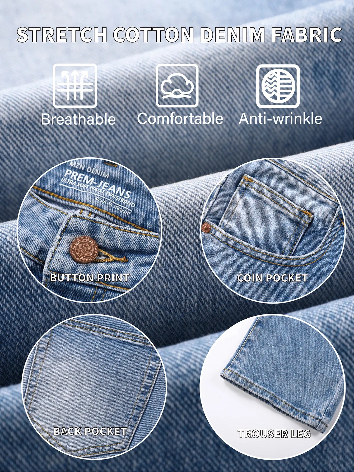 Men's Slim Fit Stretch Denim Jeans - Vintage Light Blue Wash Comfortable & Breathable Casual Pants for Everyday Wear