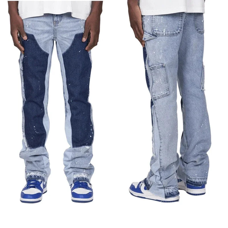ALLUKASA 2025 Men's Fashion Jeans Work Pants European and American Fashion Workwear Elastic Patchwork Denim Layered Flared Pants