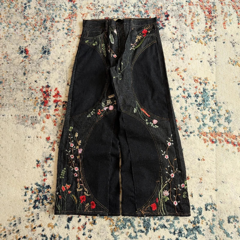 Y2K Blossom Baggy Jeans Trendy Floral Embroidery Streamlined Seams Unisex Streetwear Retro Harajuku Style Oversized Fit Pants