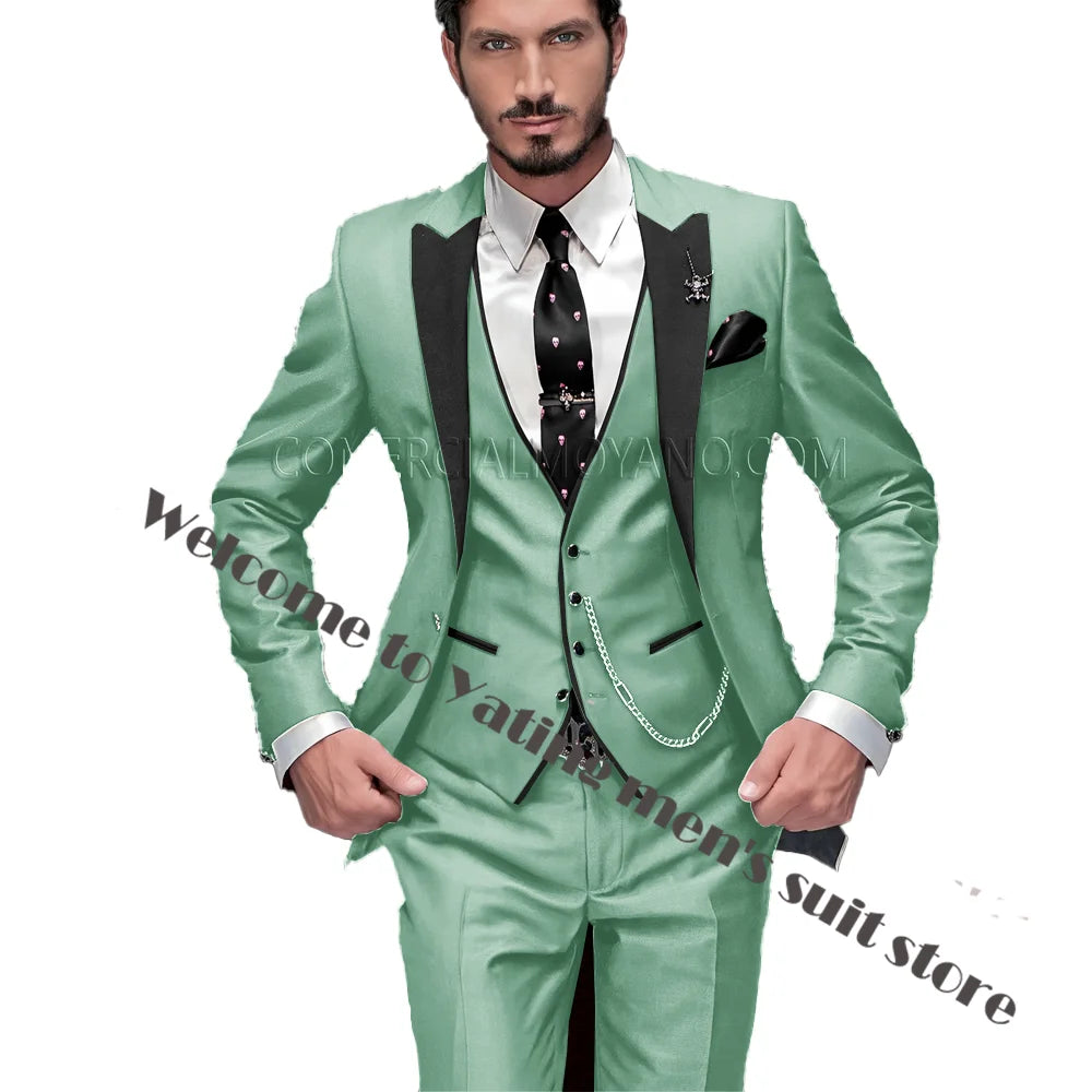 2024 New Men's Suit Wedding Tuxedo Groom Jacket Pants Vest Three-piece Set Elegant Men Blazer Wine Red Formal Outfit