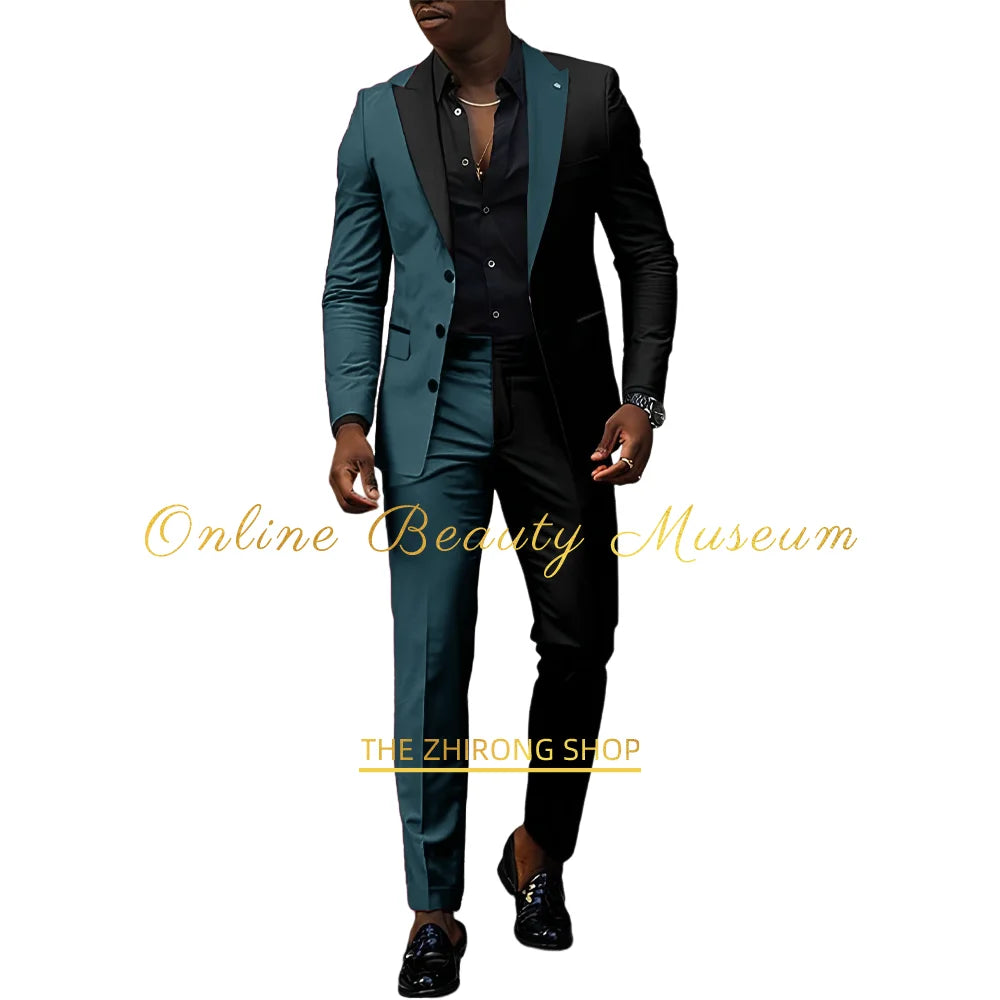 Fashion men's suit 2-piece set (jacket+pants) red-black peak lapel blazer wedding cocktail birthday party custom homme tuxedo