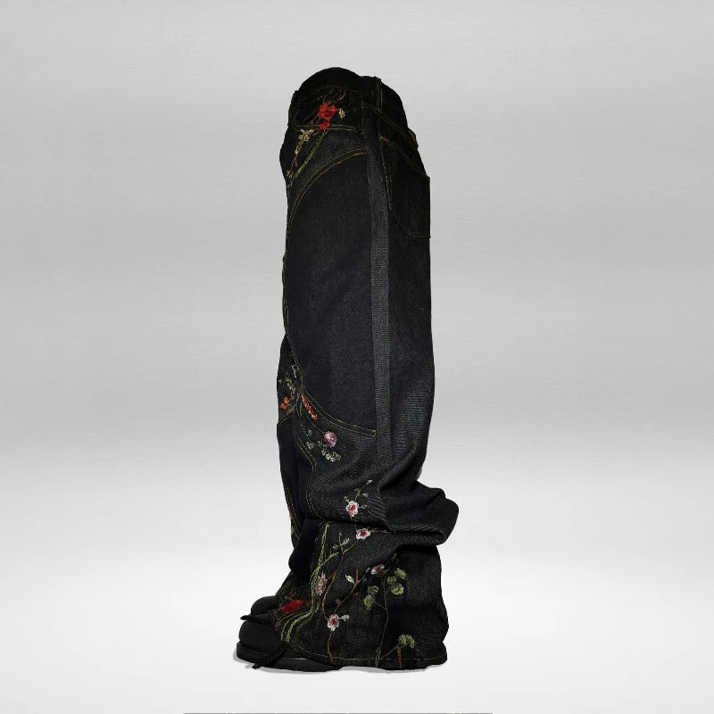 Y2K Blossom Baggy Jeans Trendy Floral Embroidery Streamlined Seams Unisex Streetwear Retro Harajuku Style Oversized Fit Pants