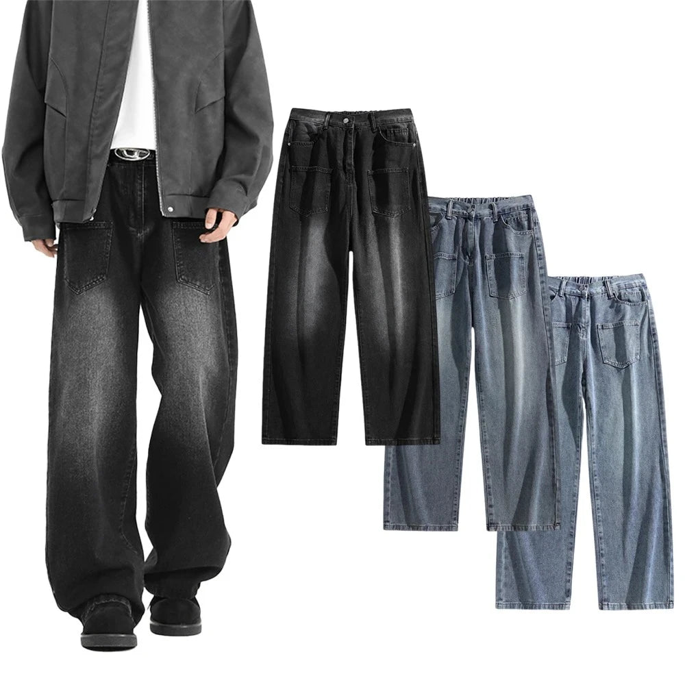 Wide-leg Retro Washed Denim Pants for Men Streetwear Jeans Man Fashionable Loose Straight-leg Jean Pants for All Four Seasons