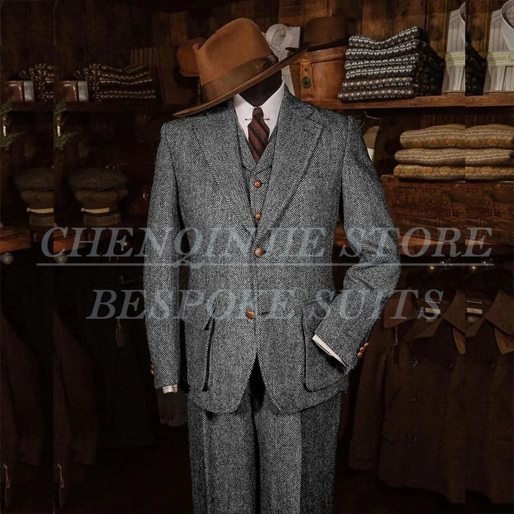 Elegant Tweed Men's Suits for Winter Single Breasted Notch Lapel Slim Fit Male Clothing High Quality 3 Piece Jacket Pants Vest