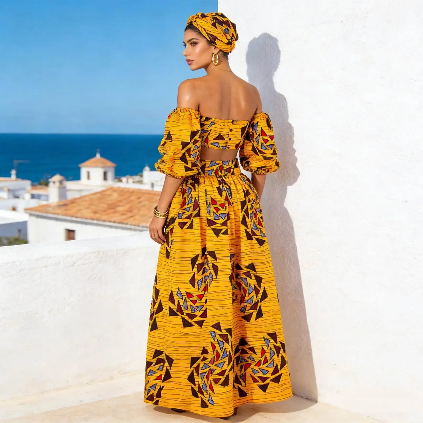 African Women Sexy Sets Two Pieces 2024 Ankara Print Tube Top High Slit Skirt Free Headscarf Female Outfits Women Dress 2426016