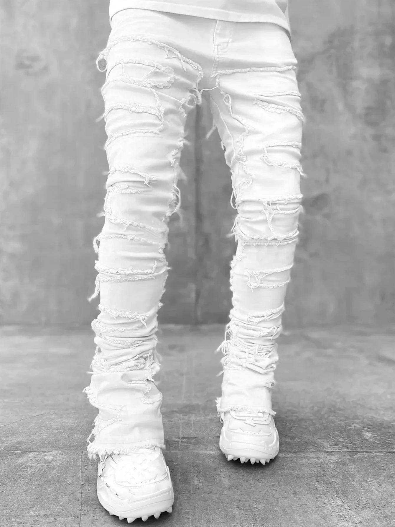 Urban Stacked Men's Regular Fit Jeans Ripped Slim Fit Patch Distressed Destroyed Straight Denim Pants Hip Hop Trouser Cloth
