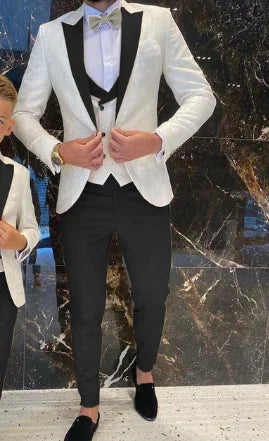 Father And Son Men Suits Groom Tuxedos 3 Pieces Cream White Floral Pattern Slim Fit Cocktail Party Business Suits Custom Made