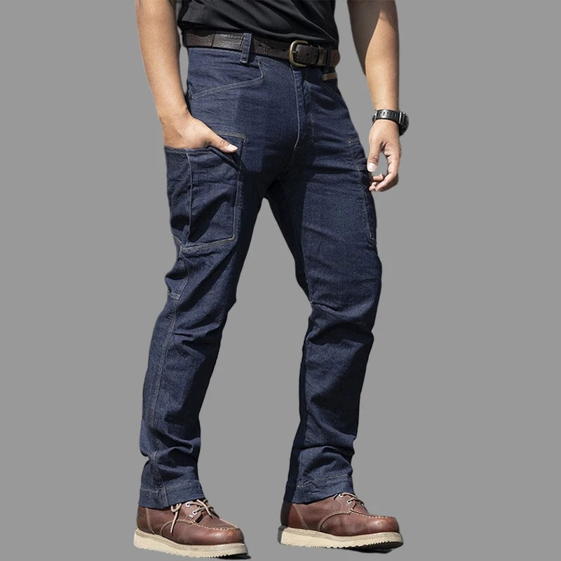 Men's Spring Combat Cargo Jeans Tactical Solid Long Trousers Casual Motorcycle Denim Biker Jeans Stretch Multi Pockets Pants