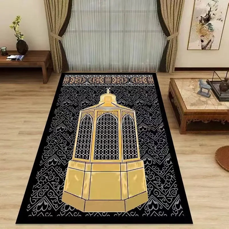 Mecca Kaaba Islamic Prayer Mat Gold Blue Arabesque Pattern Carpet Rug for Muslim Worship Home Decoration Rugs Living Room