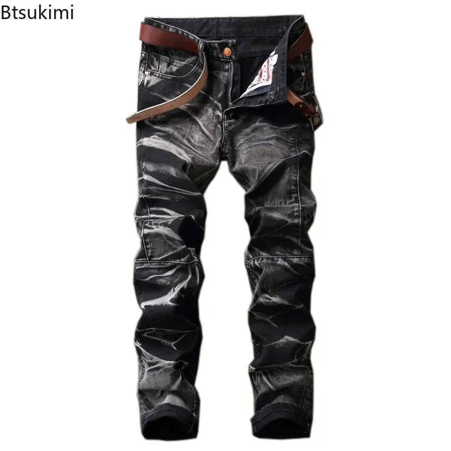 2026 Men's Fashion Vintage Jeans Slim Straight Leg Tie Dye Pleated Biker Denim Pants Male Casual Pants Oversized 42 High Quality