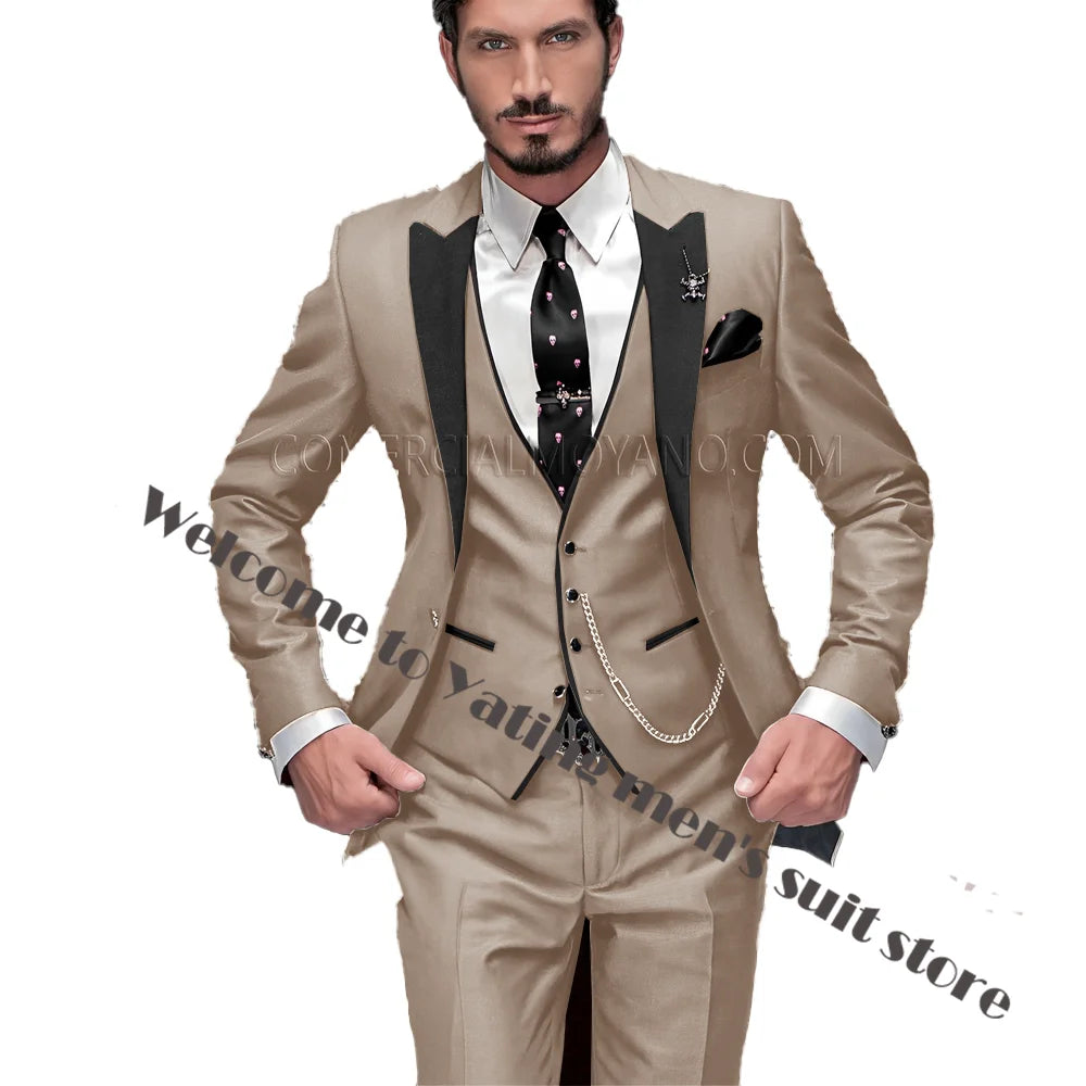 2024 New Men's Suit Wedding Tuxedo Groom Jacket Pants Vest Three-piece Set Elegant Men Blazer Wine Red Formal Outfit