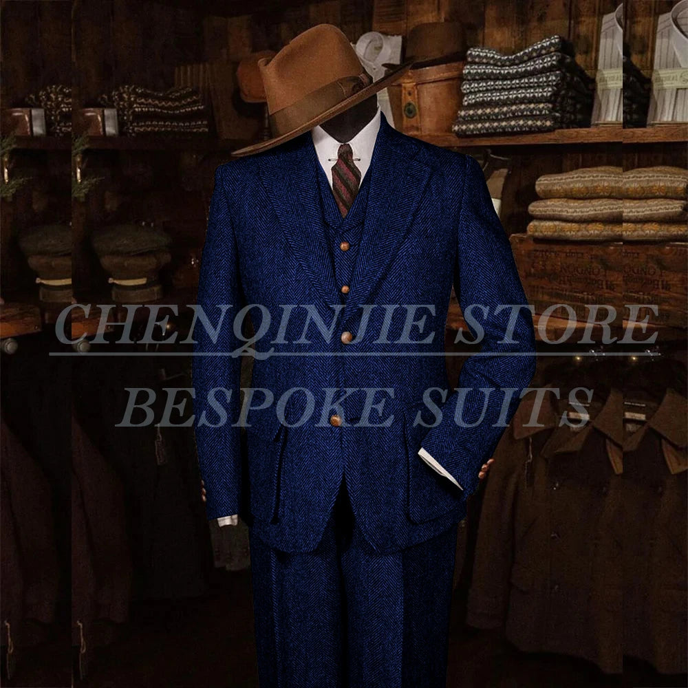 Elegant Tweed Men's Suits for Winter Single Breasted Notch Lapel Slim Fit Male Clothing High Quality 3 Piece Jacket Pants Vest