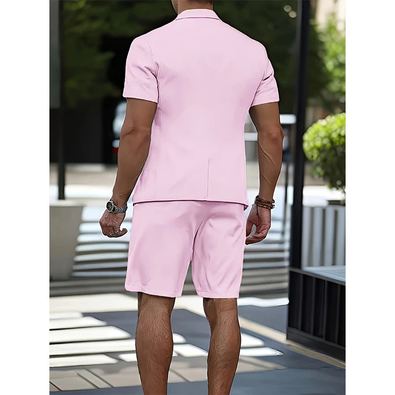 Cherub men Suit Summer Casual Suit 2 Piece Short Sleeve Suit Blazer 5 Inch Dress Shorts for Outdoor Beach Weddings Casual Occasions