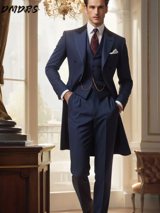 Handsome Single Breasted Men Suit Classic Long Coat Men Suit Fashion Hot Sell Male Set Daily Business Blazer Pants Vest