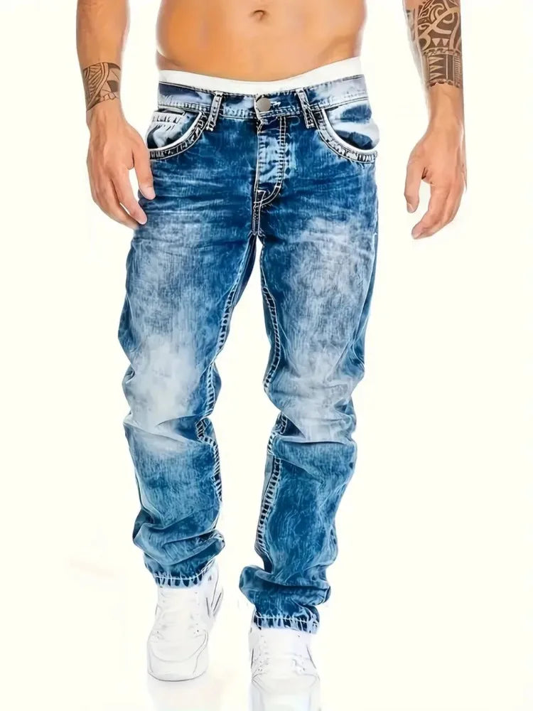 European American Jeans Men's Autumn New Slim Elastic Trousers Fashionable Vintage Wash Denim Pants Male Urbanwear