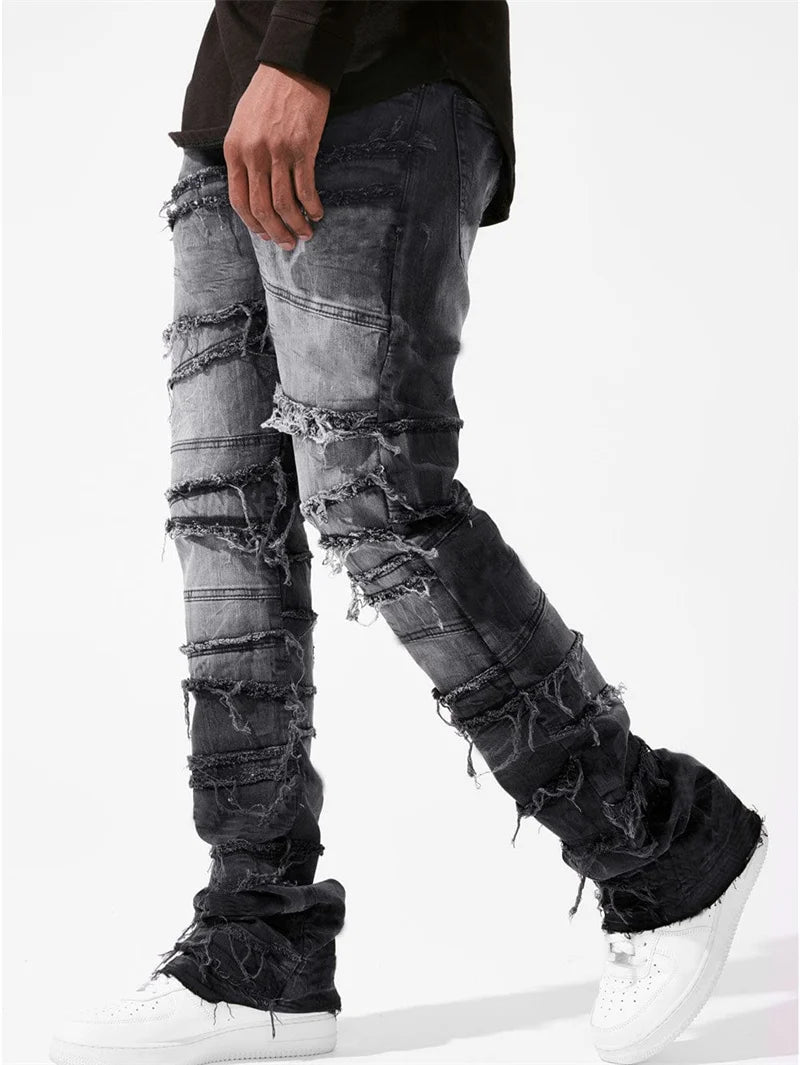 Vintage Men's Straight Jeans Male Youth Four Seasons Casual Patchwork Denim Pants 2025 Fashion High Waist Trousers Streetwear
