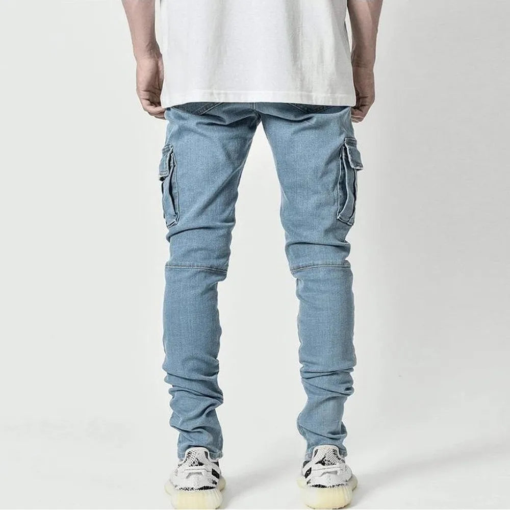 Urban Elastic Jeans Men Denim Cargo Pants Wash Solid Color Multi Pockets Casual Mid Waist Trousers Slim Fit Joggers