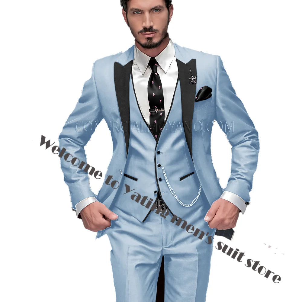 2024 New Men's Suit Wedding Tuxedo Groom Jacket Pants Vest Three-piece Set Elegant Men Blazer Wine Red Formal Outfit