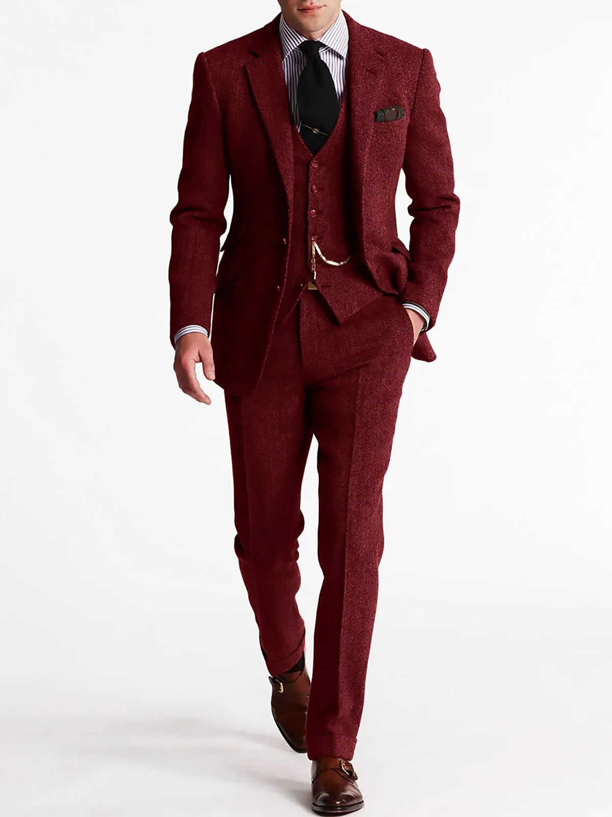 ANNIEBRITNEY Herringbone Tweed Suits for Men Slim Fit Tuxedo Man Suit Set Trajes De Hombre Anzug Herren Custom Made Men Suits