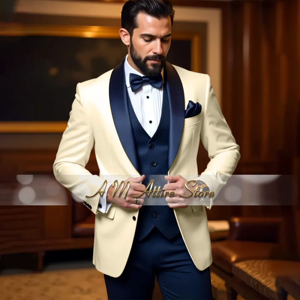 Cherub Men’s White or Multicolor Tuxedo 3pcs Suit for Groom Jacket Vest Pants Formal Wear for Wedding Prom Luxury Dinner Set Custom Gift for Boys