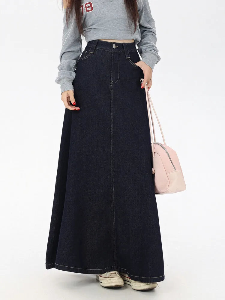 Women's Vintage A-Line Denim Long Skirts, Casual High Waist Jean Skirt, Blue, All-Match, Korean Fashion, 2021