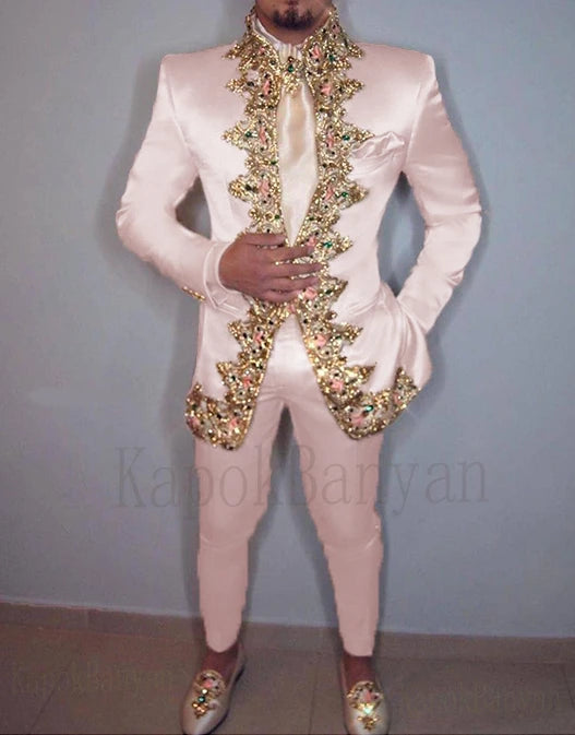 Men Suit 4K Two Piece (Jacket+Pants+Belt) Italian Stand Collar Slim Fit Wedding Suit for Men Custom Made /Embroidery Print Suit