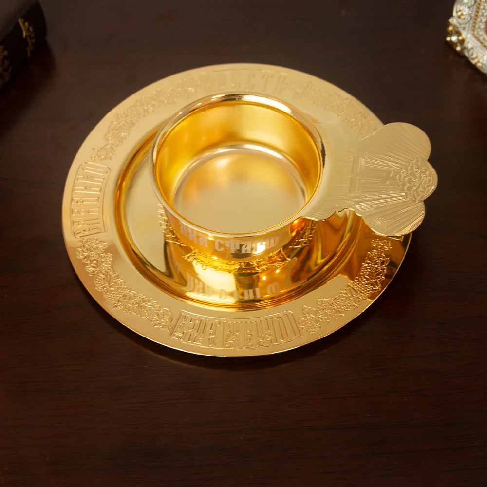 HTISOK New 2026 Eastern Orthodox Holy Oil Ritual Supplies Gold Plated Metal Utensils Corpus Christi Plates Mass Supplies SetGift